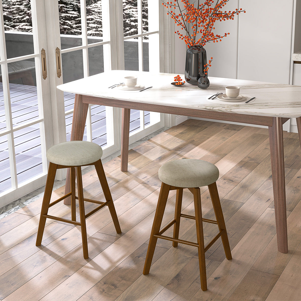 26 Inch Backless Swivel Barstools Linen Fabric Seat - Beige, Set of 2