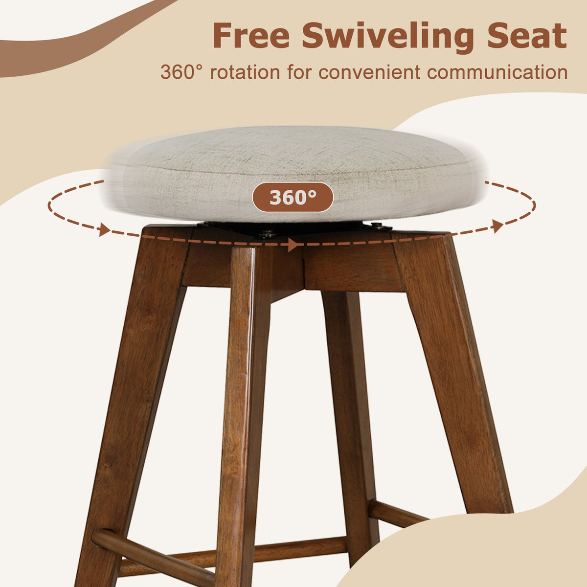 26 Inch Backless Swivel Barstools with Linen Fabric Seat, Beige - Set of 2