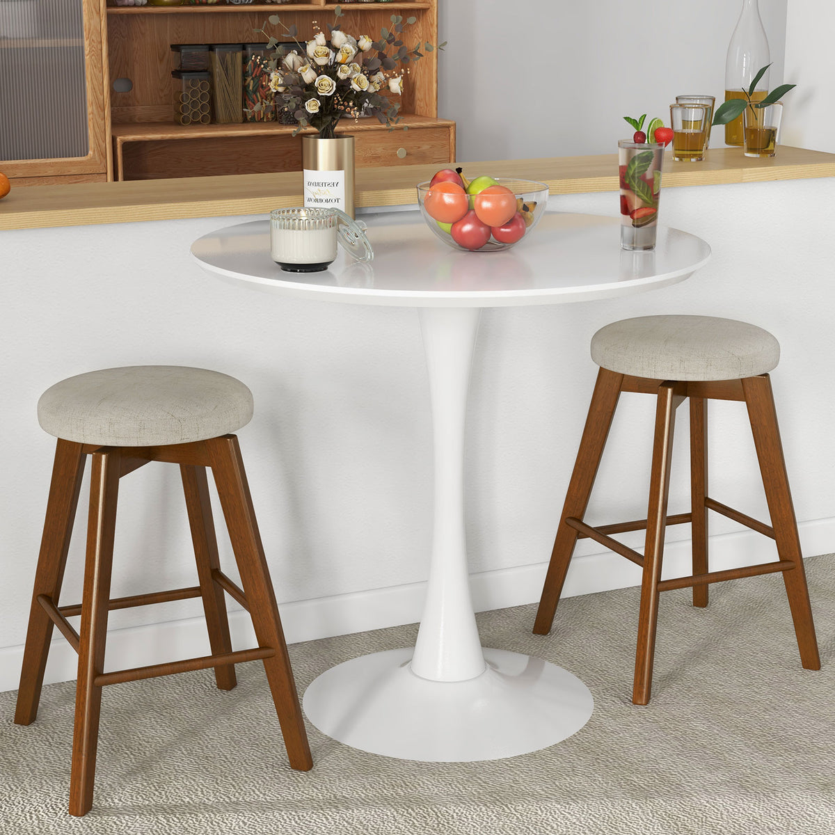26 Inch Backless Swivel Barstools Linen Fabric Seat - Beige, Set of 2