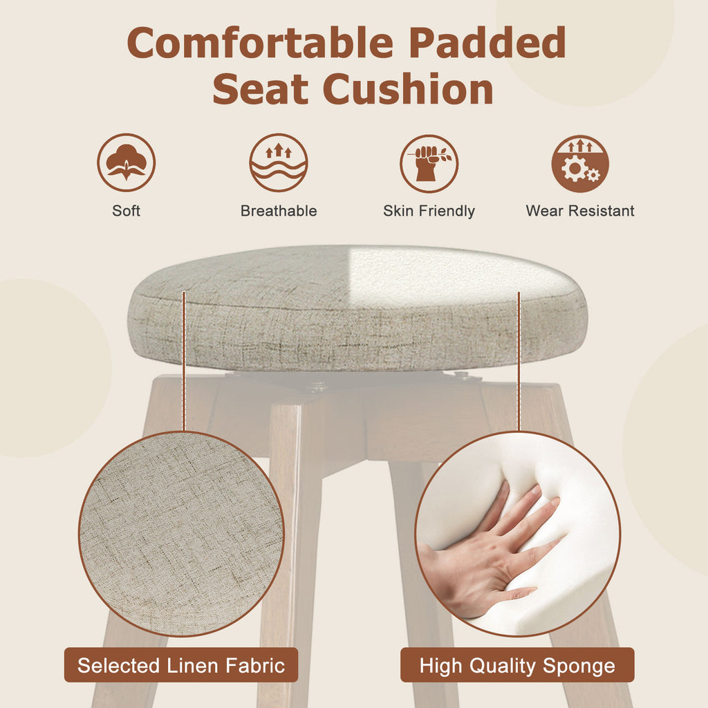 26 Inch Backless Swivel Barstools Linen Fabric Seat - Beige, Set of 2