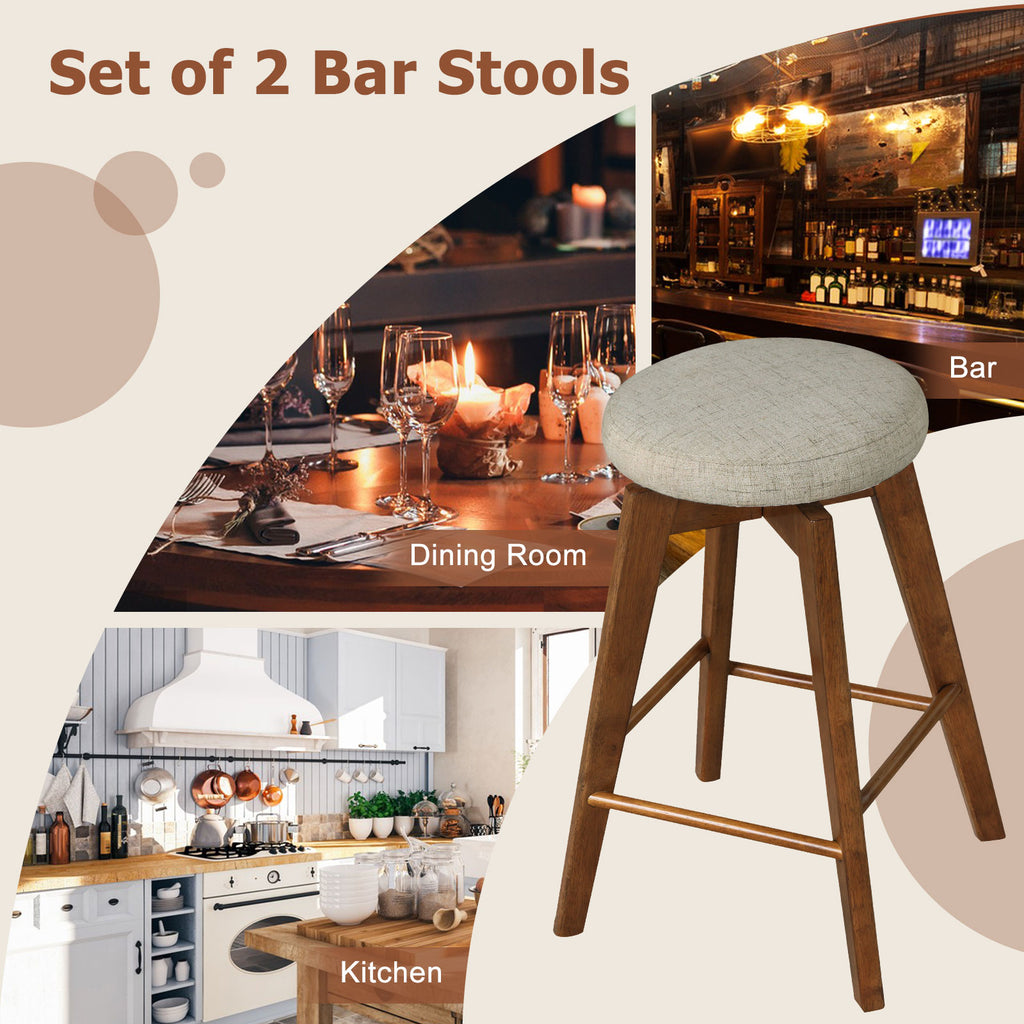 26 Inch Backless Swivel Barstools Linen Fabric Seat - Beige, Set of 2