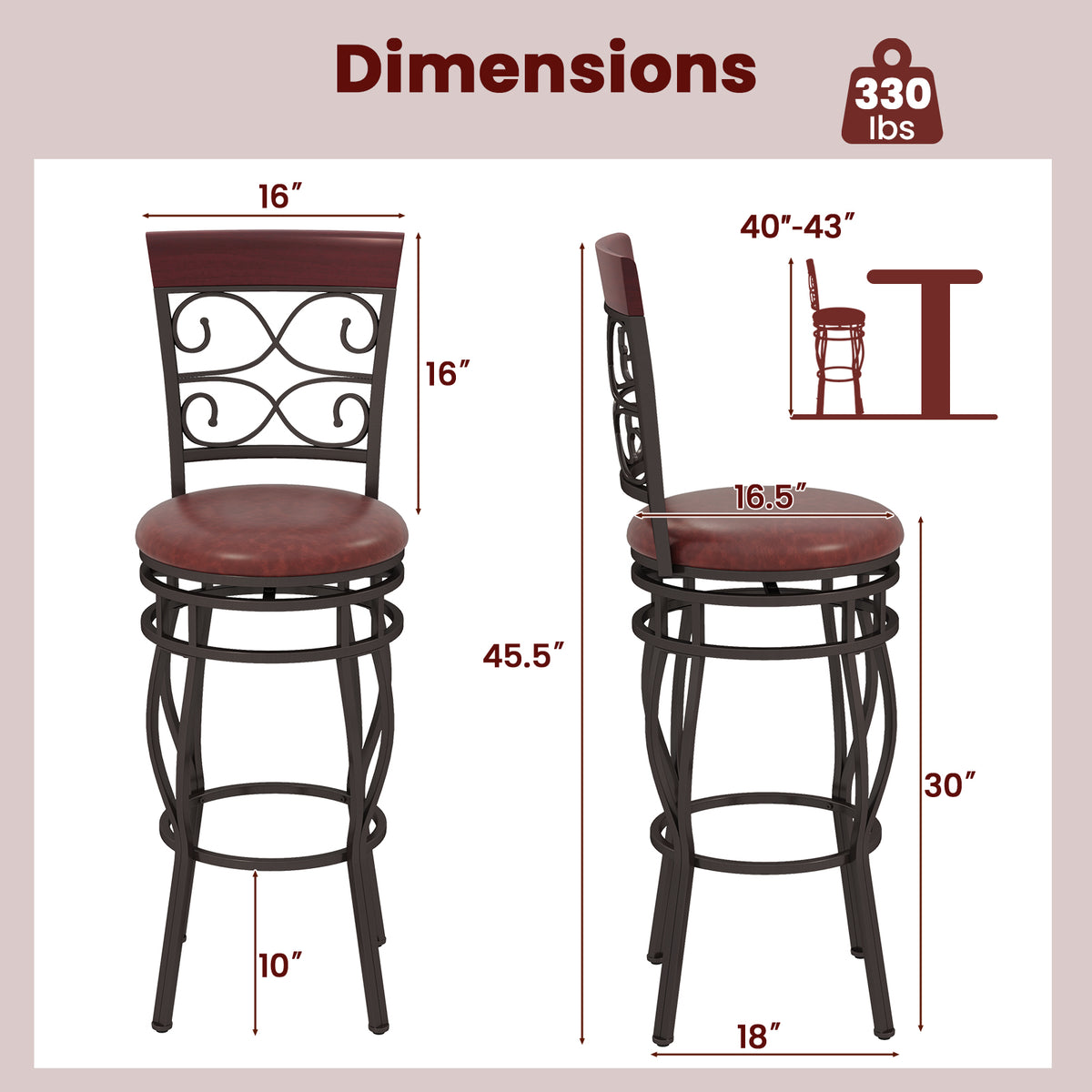 30 Inch Bar Stool Set of 2 with Backrest, Brown