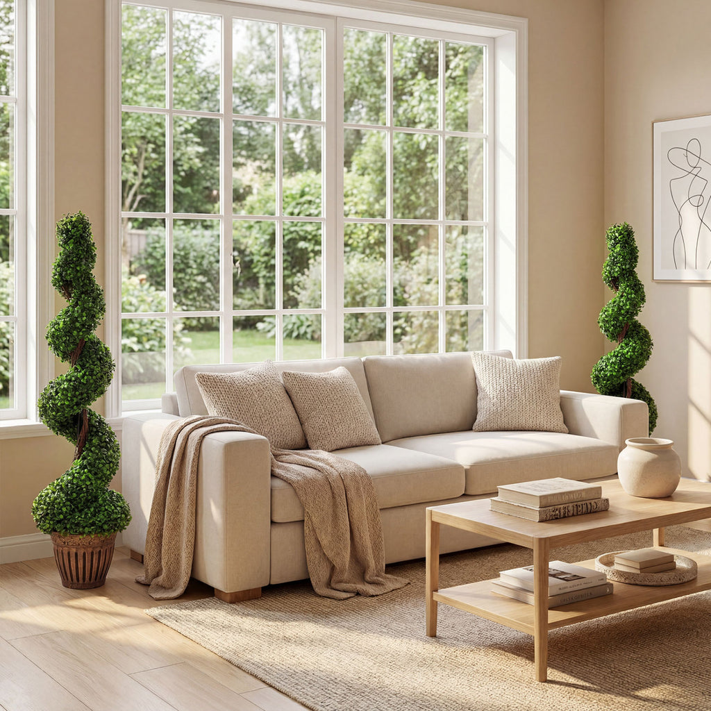 Artificial Spiral Boxwood Tree Set - PVC Variation, 4 Feet Tall, Green Decor