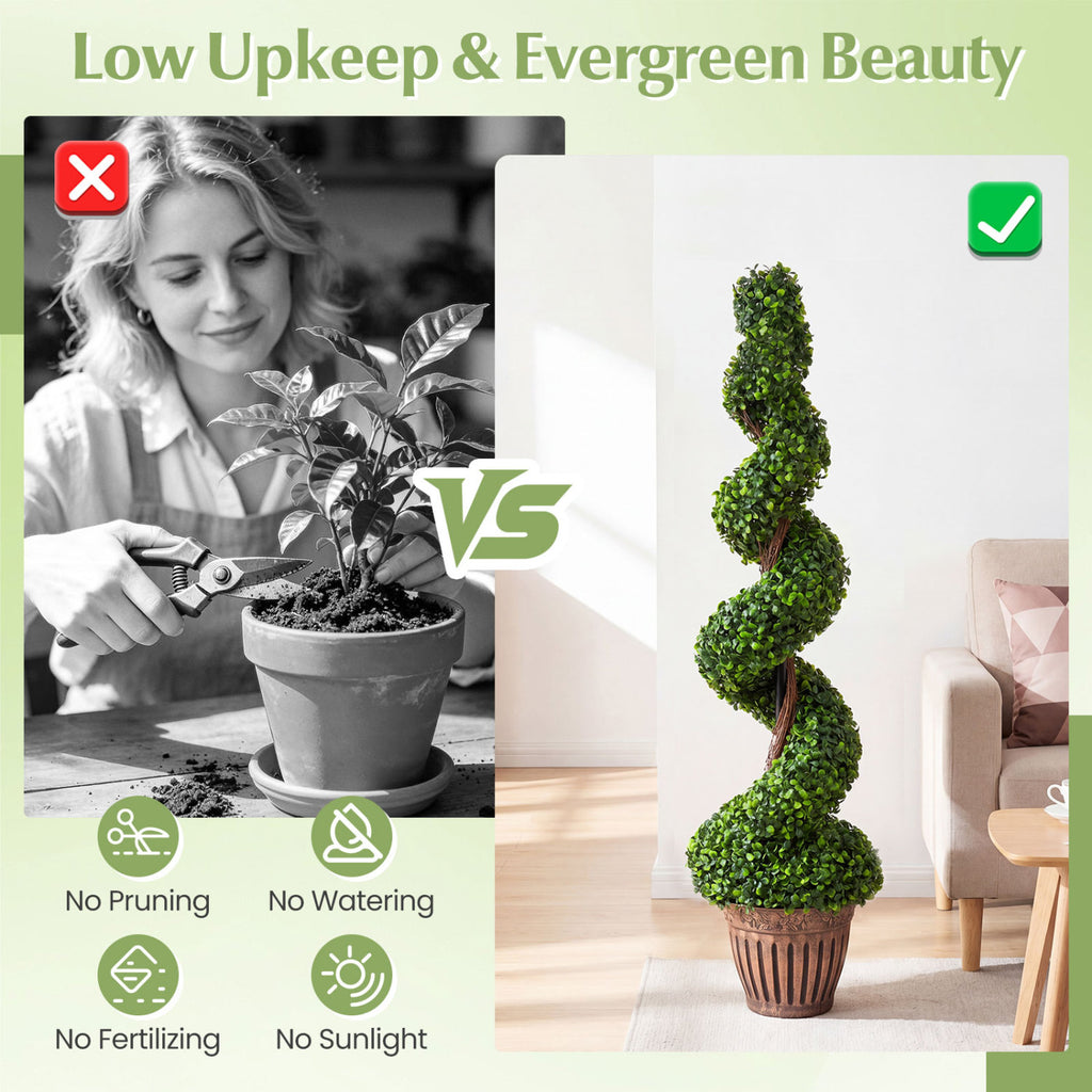 Artificial Spiral Boxwood Tree Set - PVC Variation, 4 Feet Tall, Green Decor
