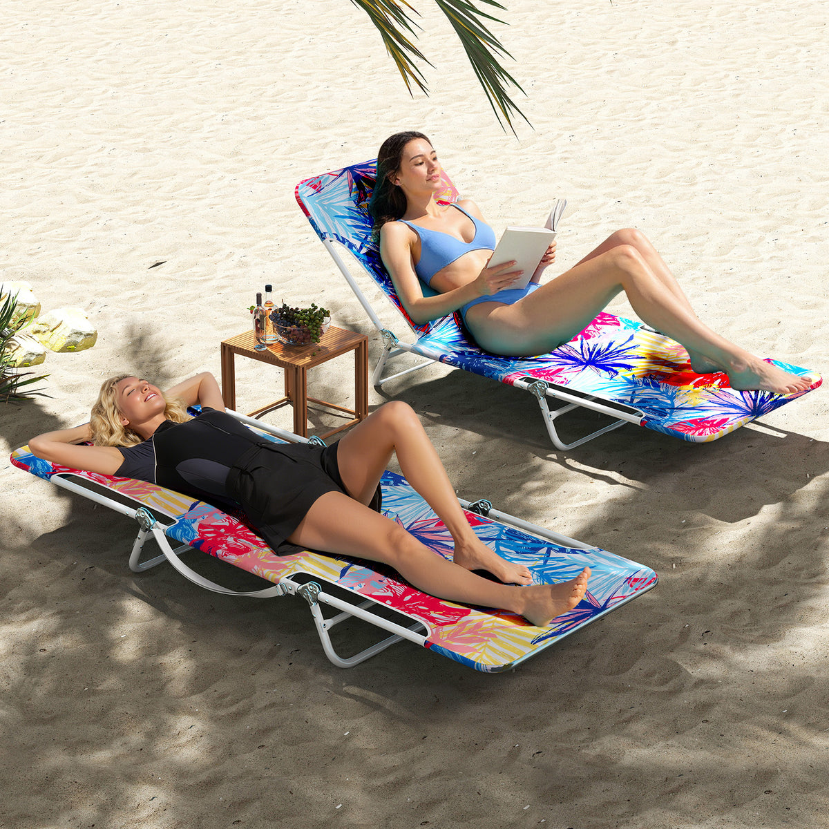 2 Pieces 5-position Lay Flat Beach Recliner with Carry Strap and