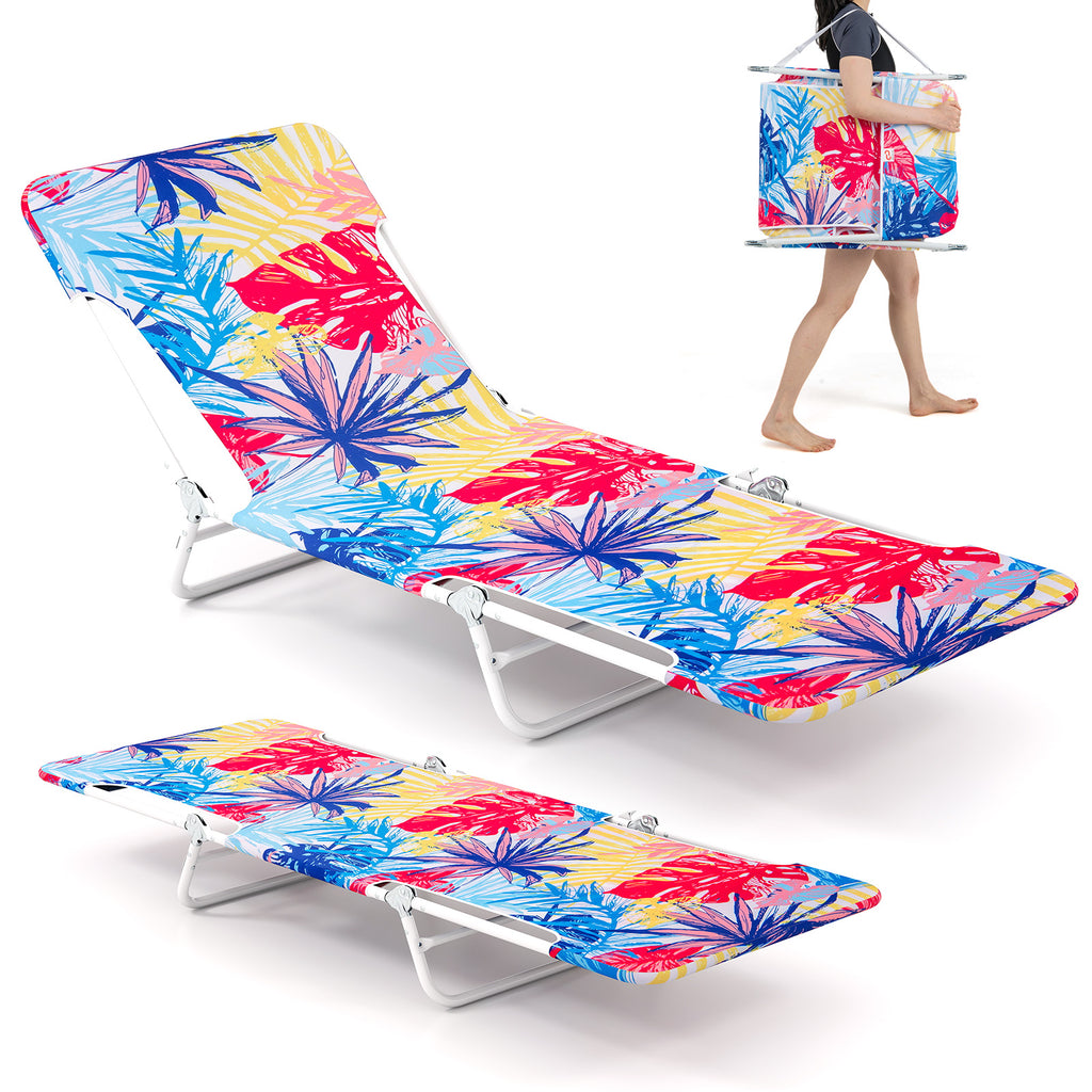 2 Pieces 5-position Lay Flat Beach Recliner with Carry Strap and