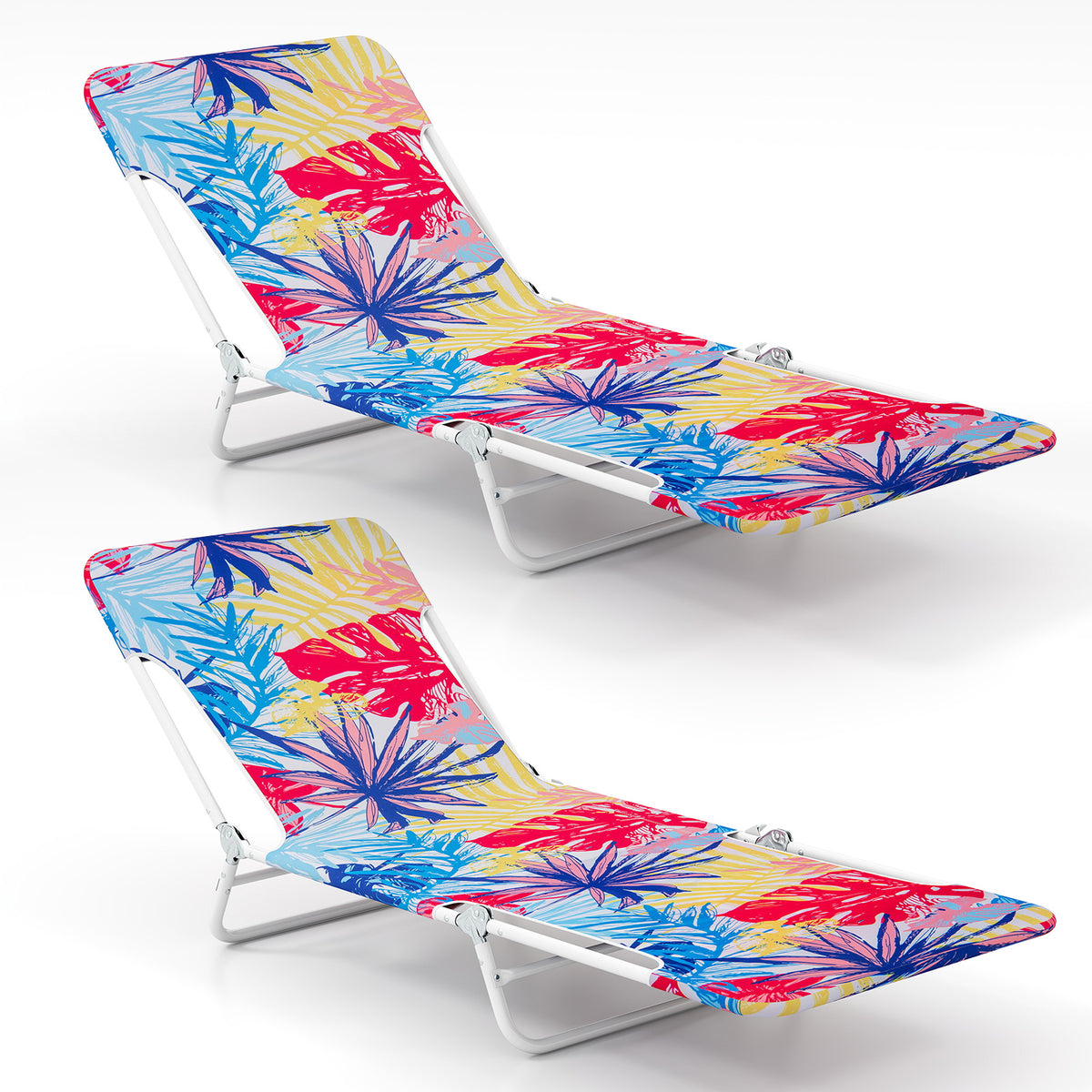 2 Pieces 5-position Lay Flat Beach Recliner with Carry Strap and