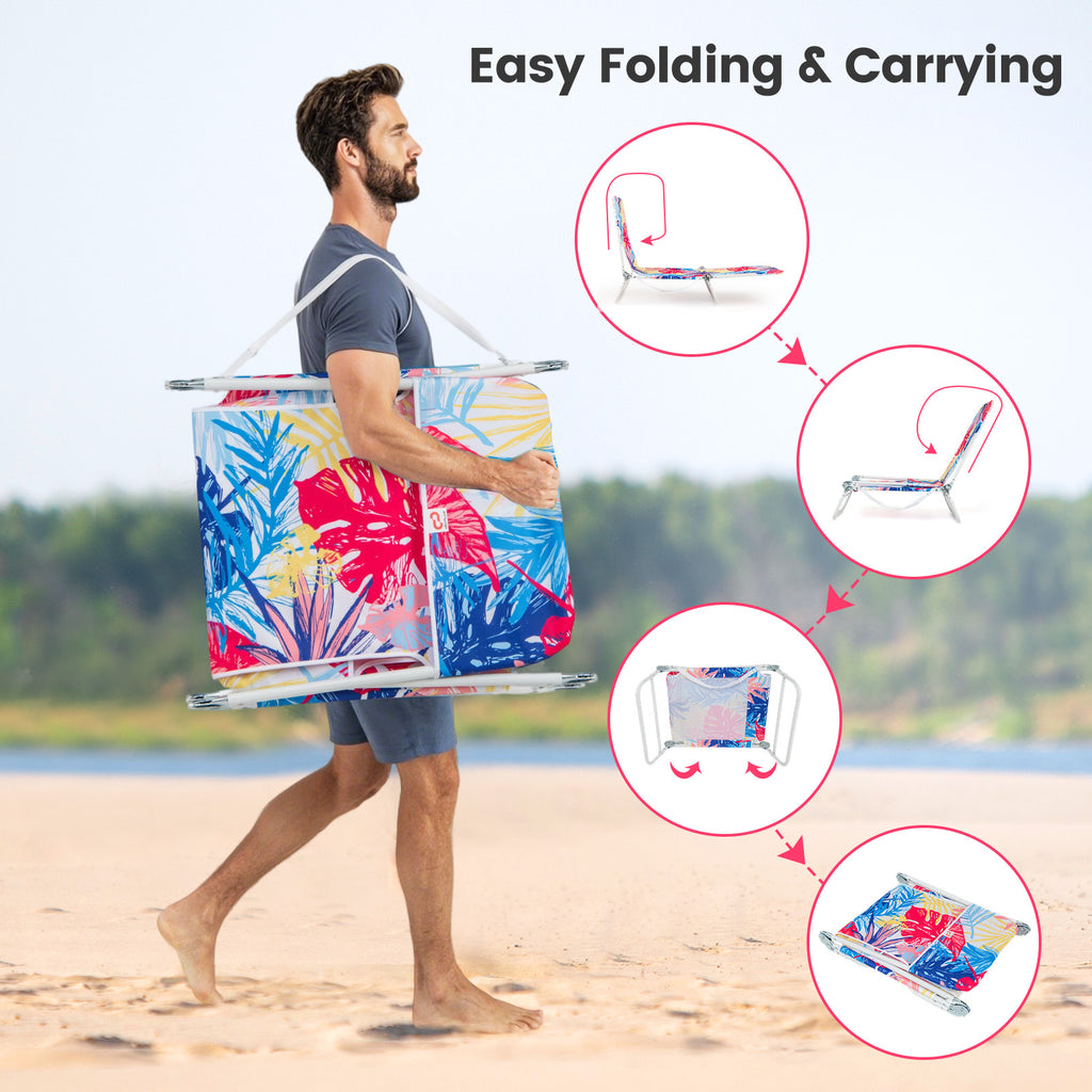 2 Pieces 5-position Lay Flat Beach Recliner with Carry Strap and