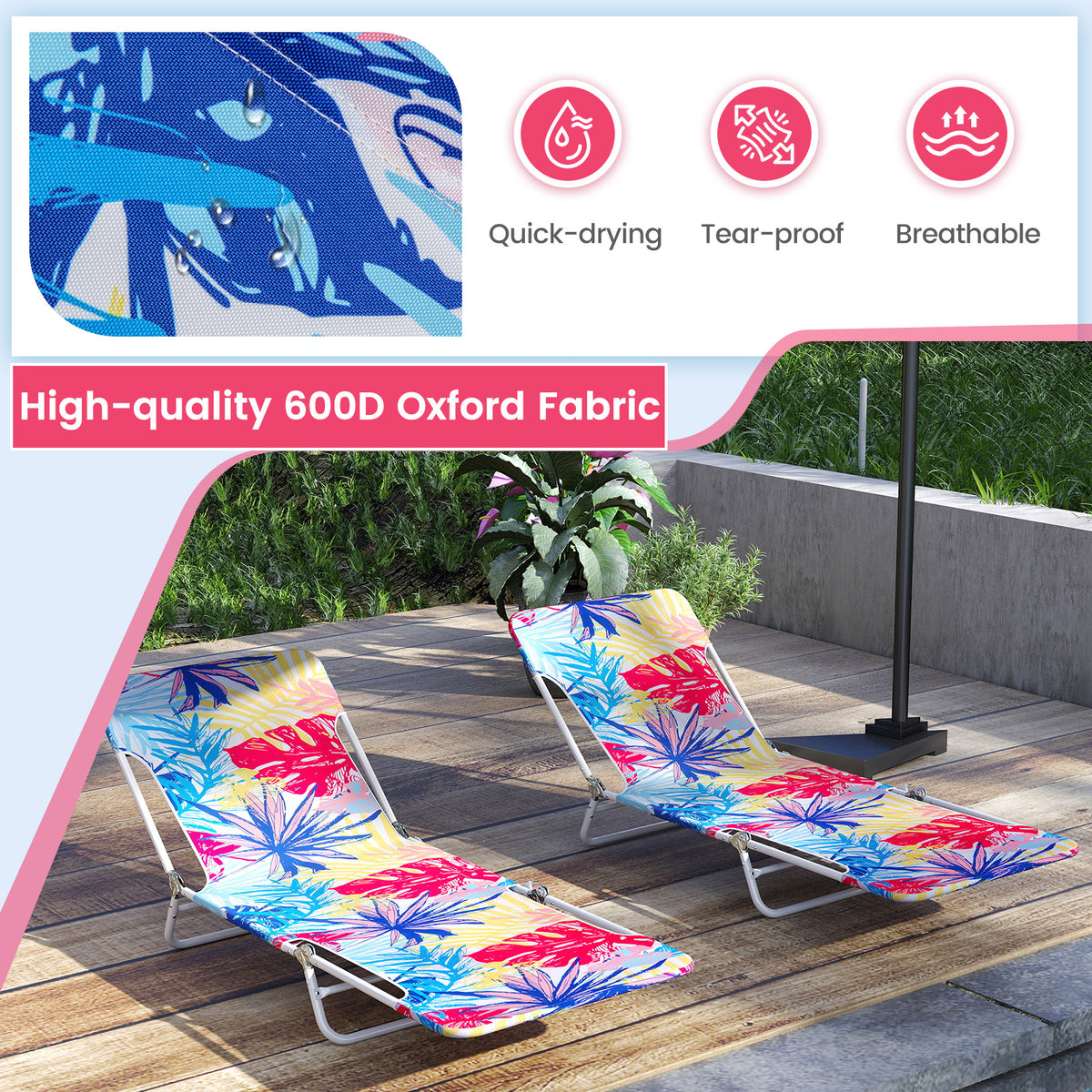2 Pieces 5-position Lay Flat Beach Recliner with Carry Strap and