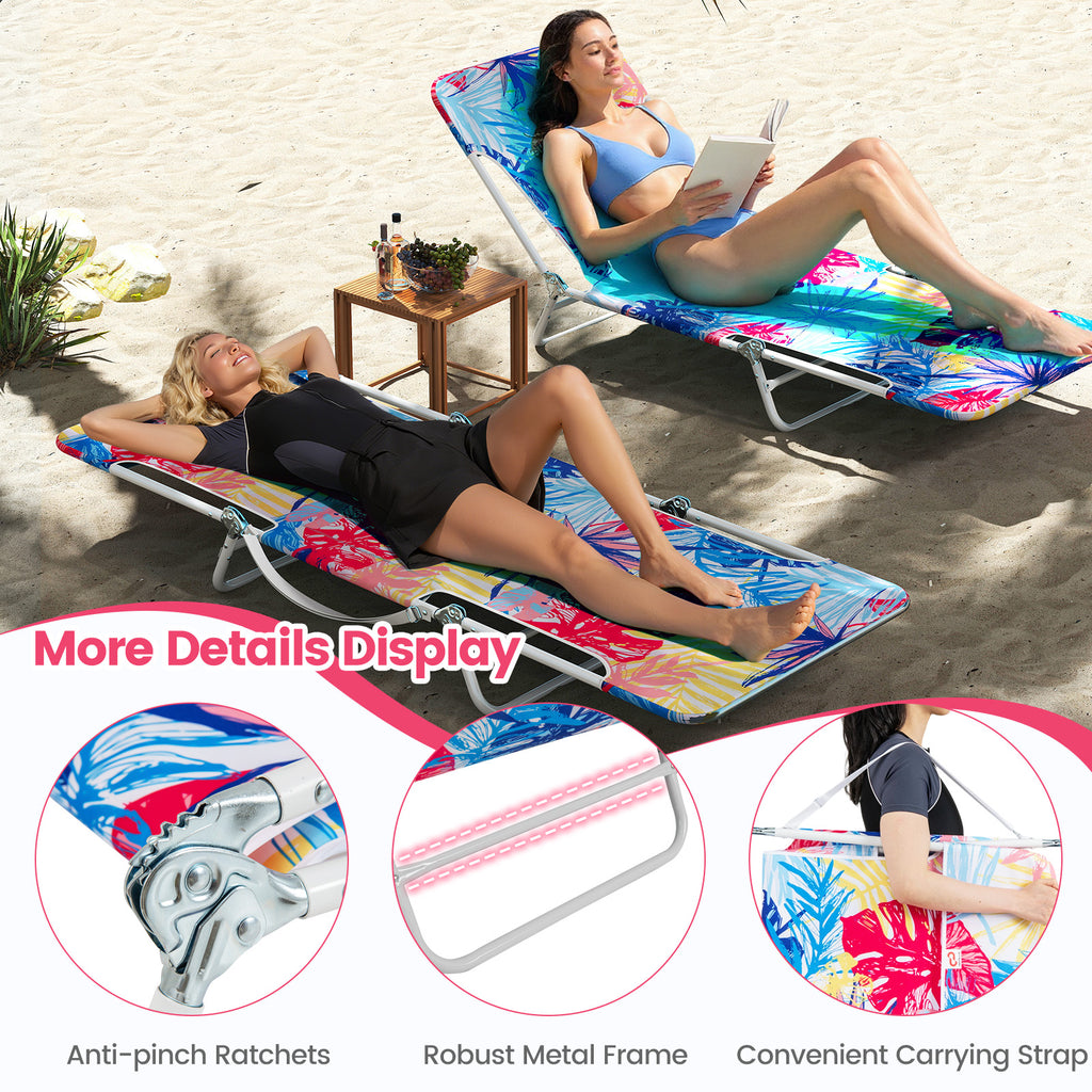 2 Pieces 5-position Lay Flat Beach Recliner with Carry Strap and
