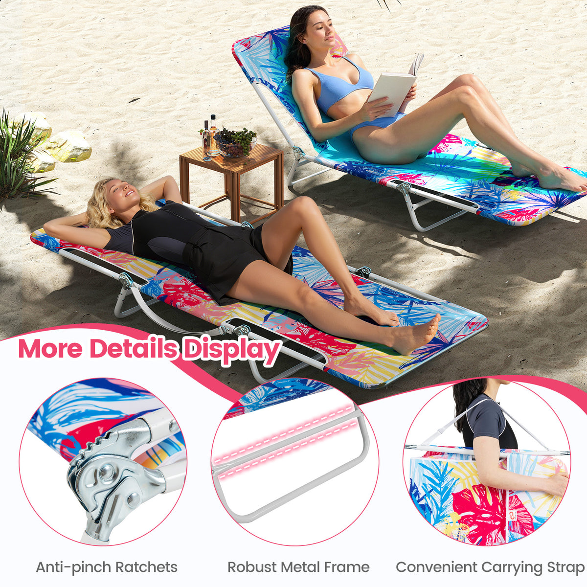 2 Pieces 5-position Lay Flat Beach Recliner with Carry Strap and
