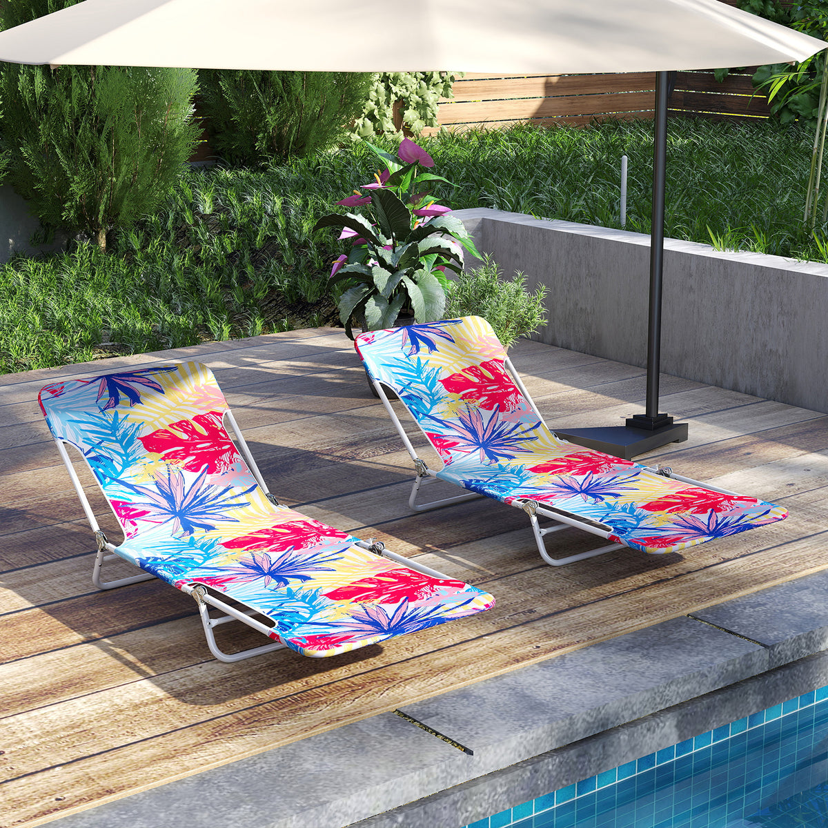2 Pieces 5-position Lay Flat Beach Recliner with Carry Strap and