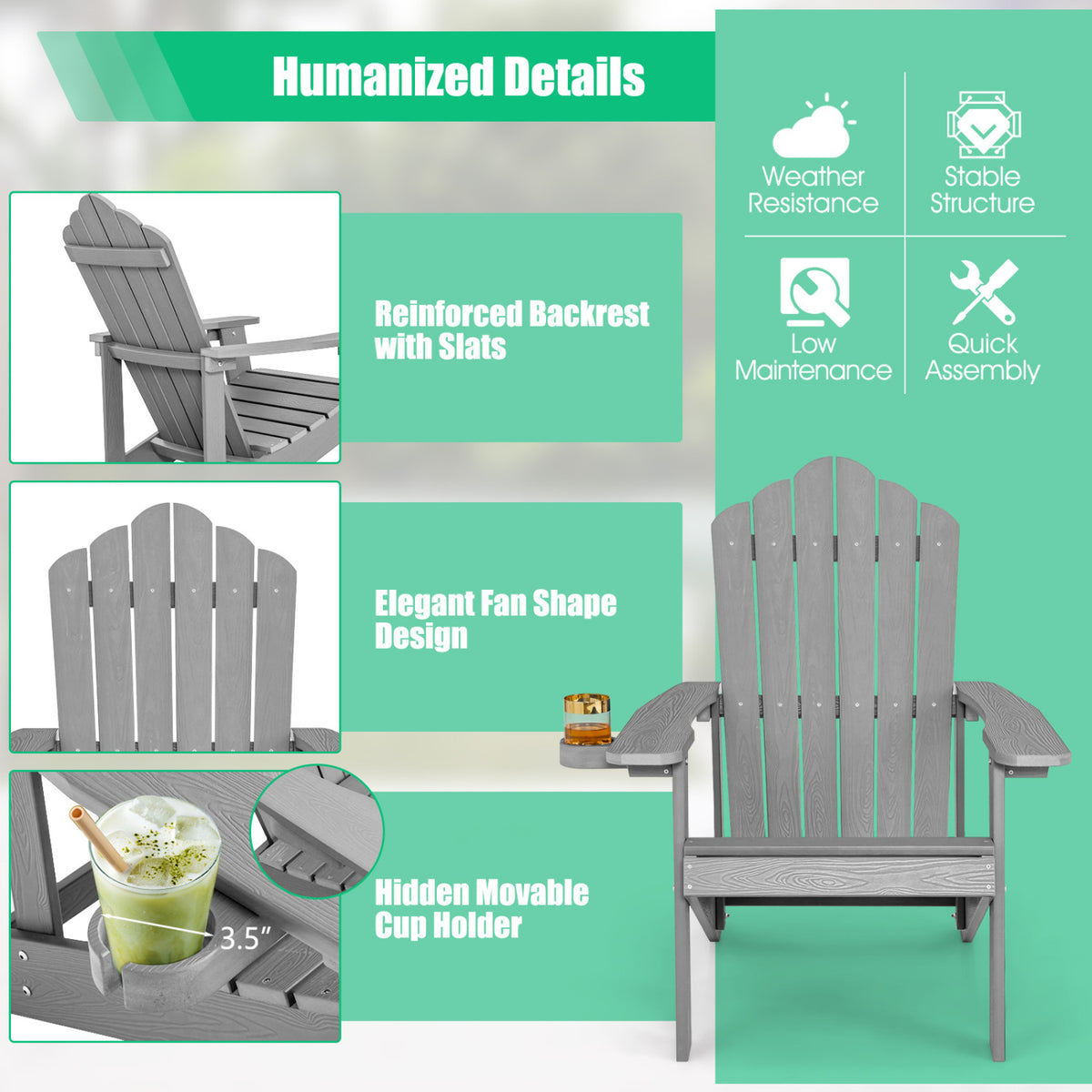 2 Pieces Adirondack Chair Set with Ergonomic Design for Porch and
