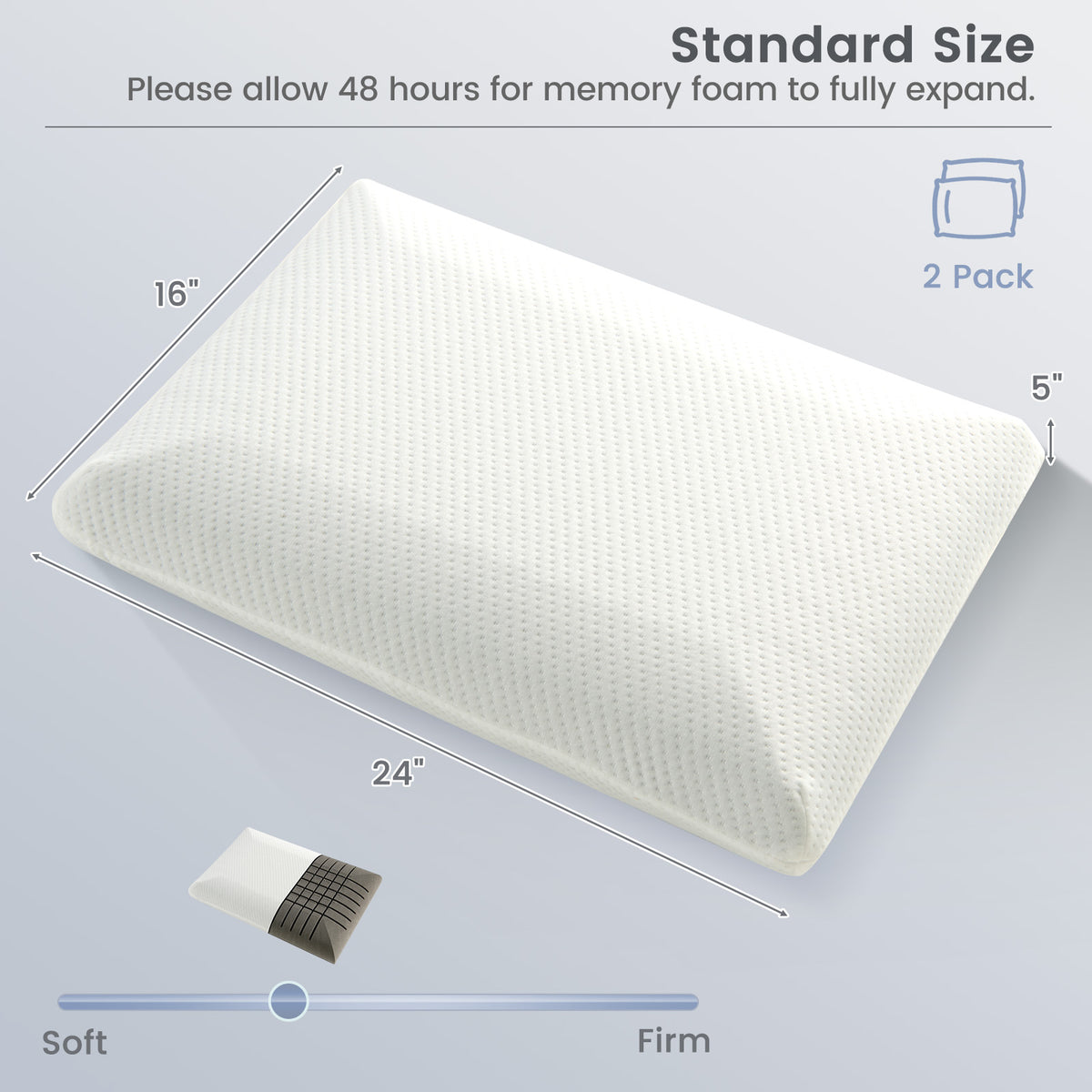 Bamboo Charcoal Memory Foam Pillow Set of 2 for Side & Back Sleepers