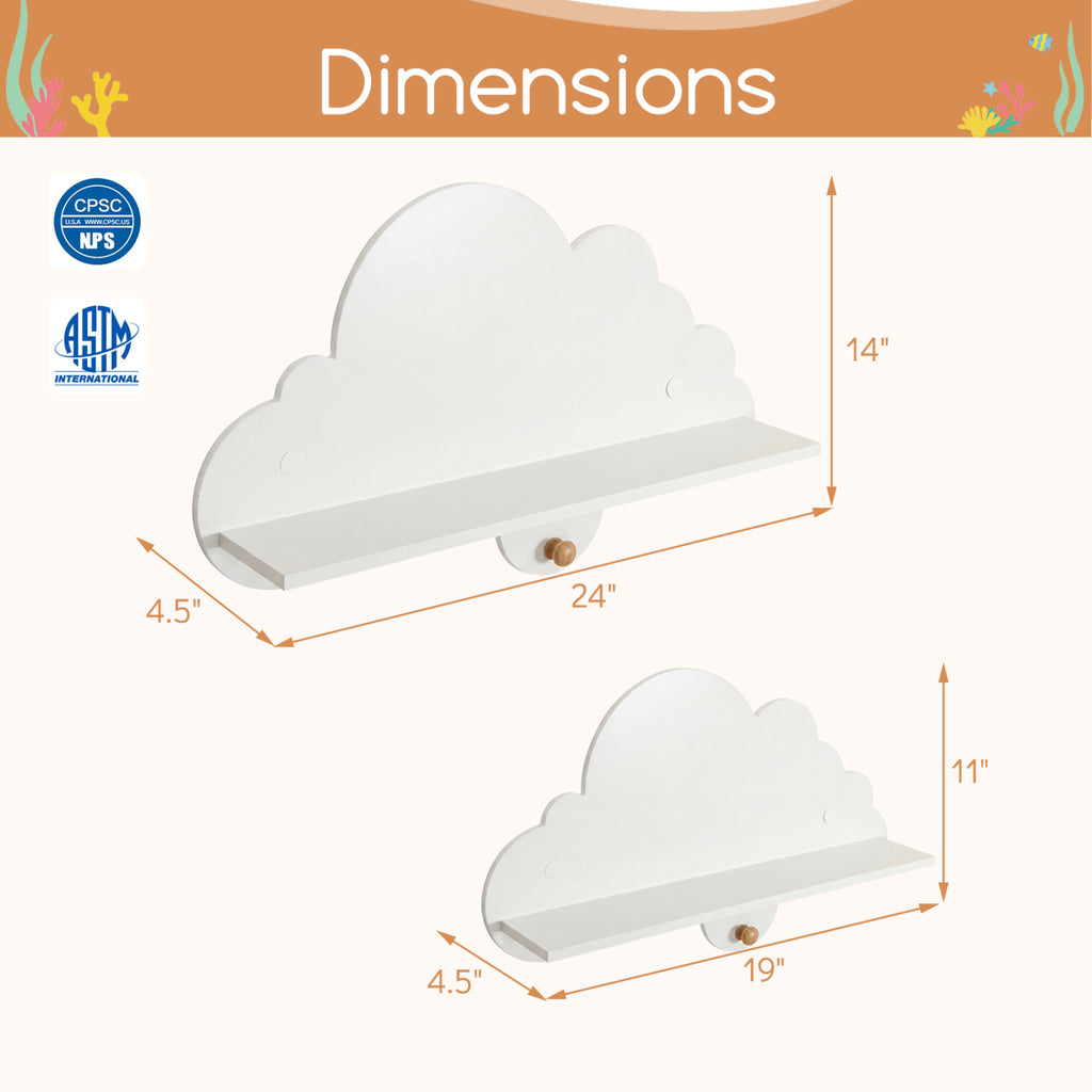 Floating Cloud Shelves Wall Mount Set of 2 White Kids Room Storage Racks
