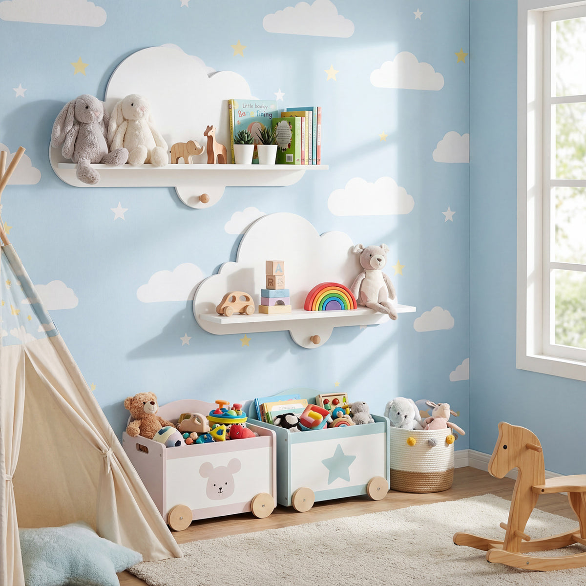 Floating Cloud Shelves Wall Mount Set of 2 White Kids Room Storage Racks