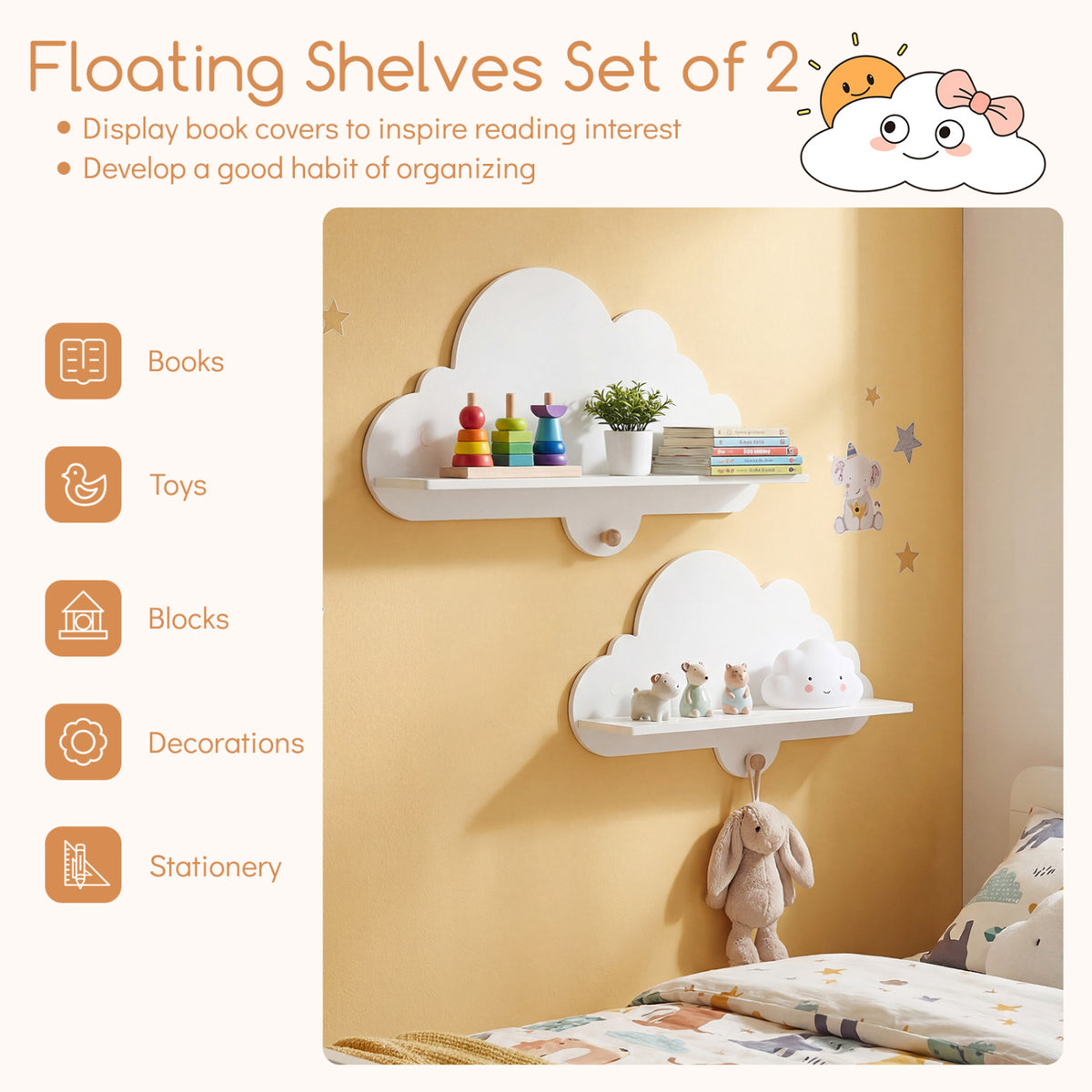 Floating Cloud Shelves Wall Mount Set of 2 White Kids Room Storage Racks