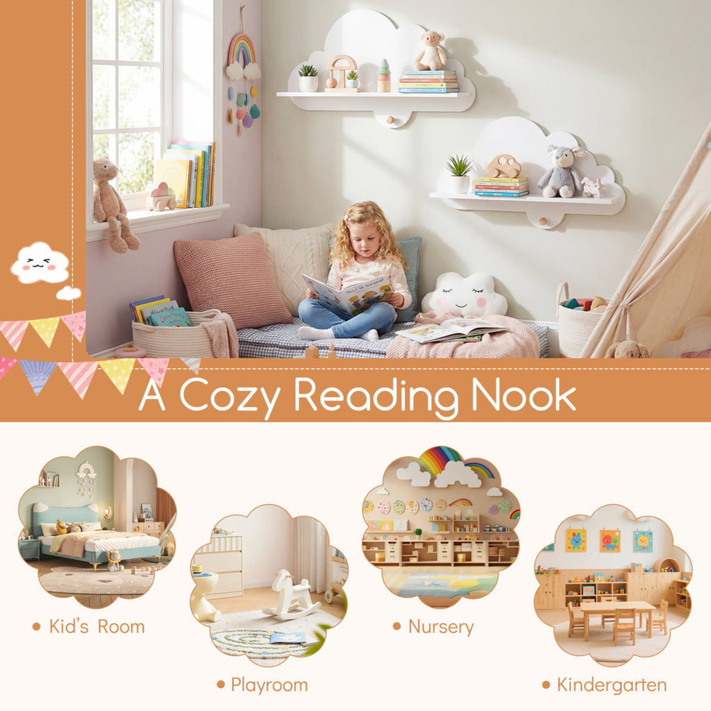 Floating Cloud Shelves Wall Mount Set of 2 White Kids Room Storage Racks