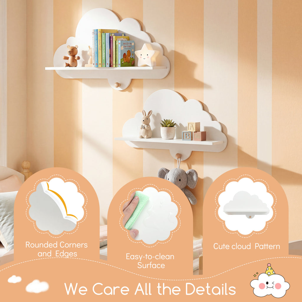 Floating Cloud Shelves Wall Mount Set of 2 White Kids Room Storage Racks