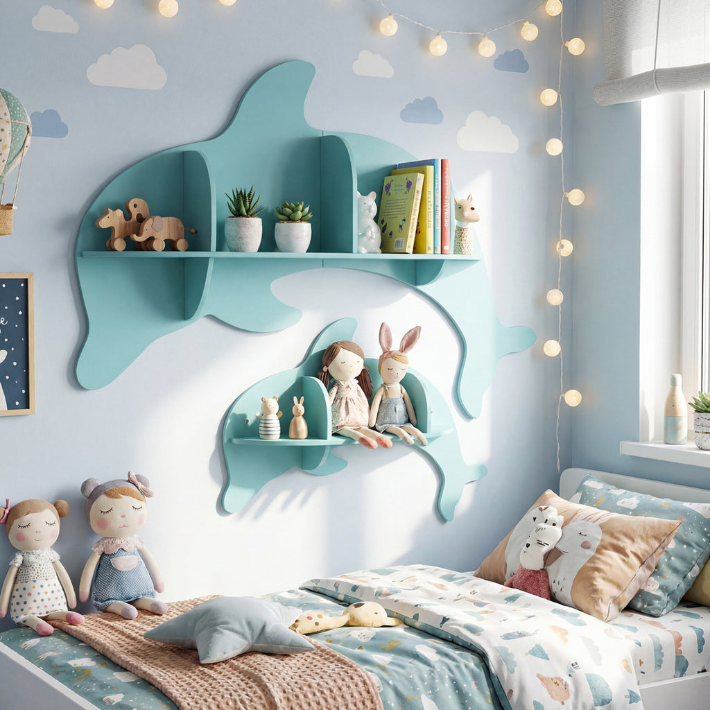 Floating Dolphin Wall Shelves Set of 2 - Blue Kids Storage & Display Rack