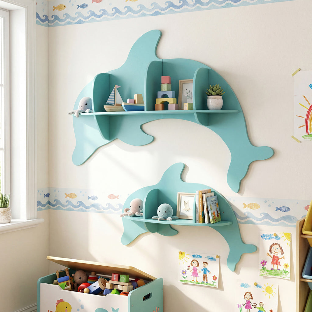 Floating Dolphin Wall Shelves Set of 2 - Blue Kids Storage & Display Rack