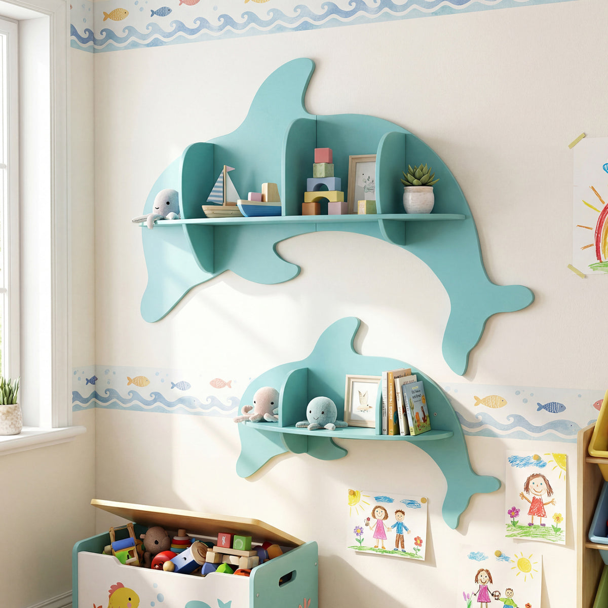 Floating Dolphin Wall Shelves Set of 2 - Blue Kids Storage & Display Rack