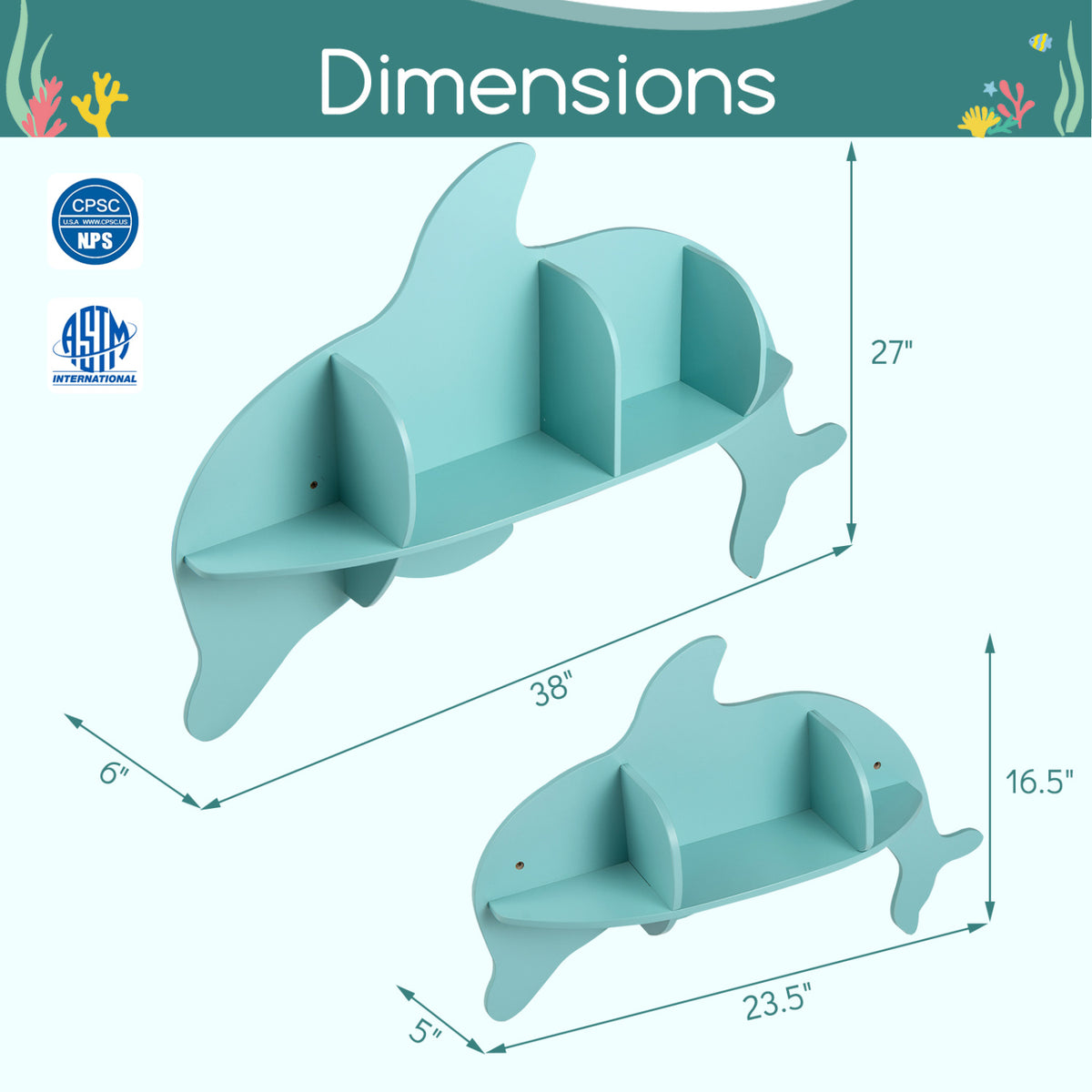 Floating Dolphin Wall Shelves Set of 2 - Blue Kids Storage & Display Rack
