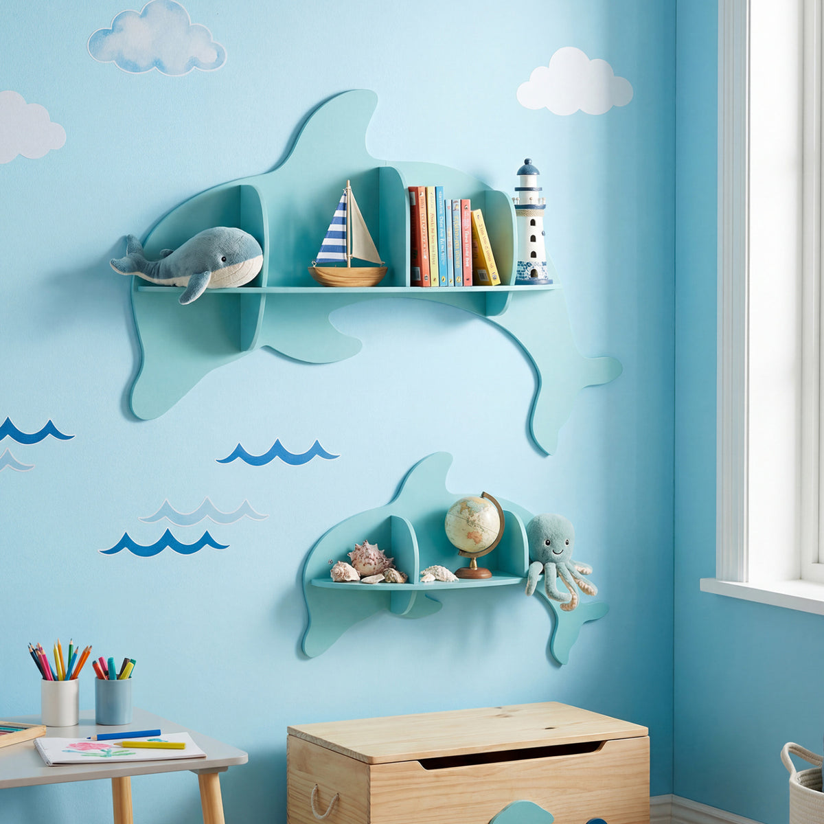 Floating Dolphin Wall Shelves Set of 2 - Blue Kids Storage & Display Rack