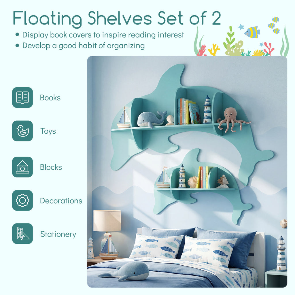 Floating Dolphin Wall Shelves Set of 2 - Blue Kids Storage & Display Rack