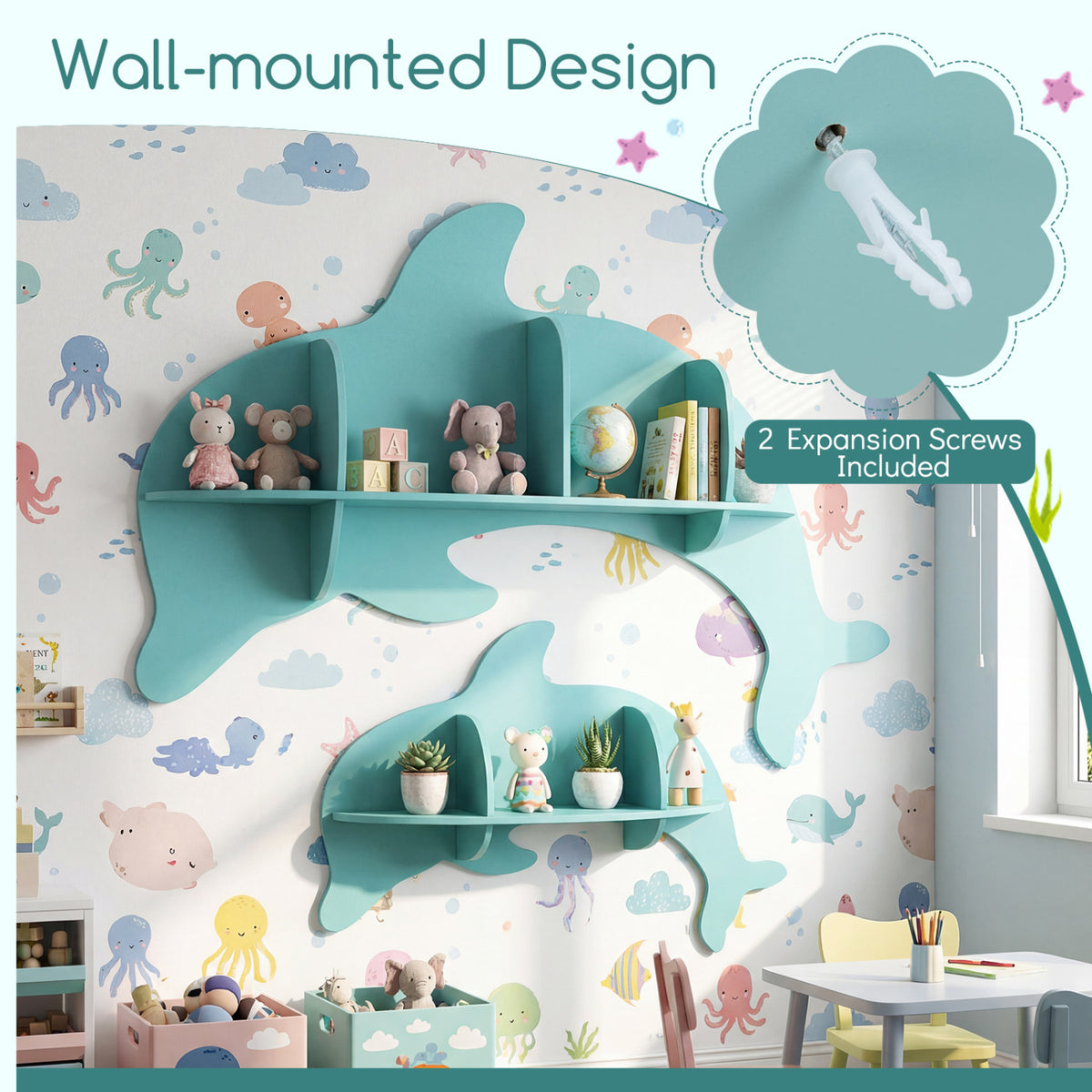 Floating Dolphin Wall Shelves Set of 2 - Blue Kids Storage & Display Rack