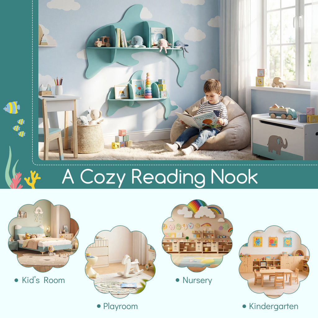 Floating Dolphin Wall Shelves Set of 2 - Blue Kids Storage & Display Rack