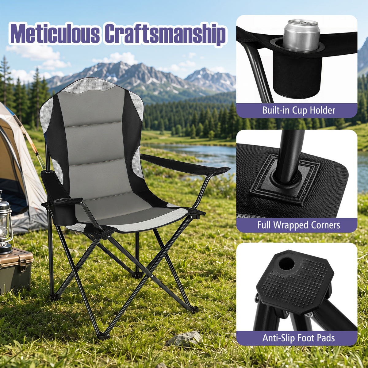 2 Pieces Folding Camping Chairs for Adults with Cup Holders
