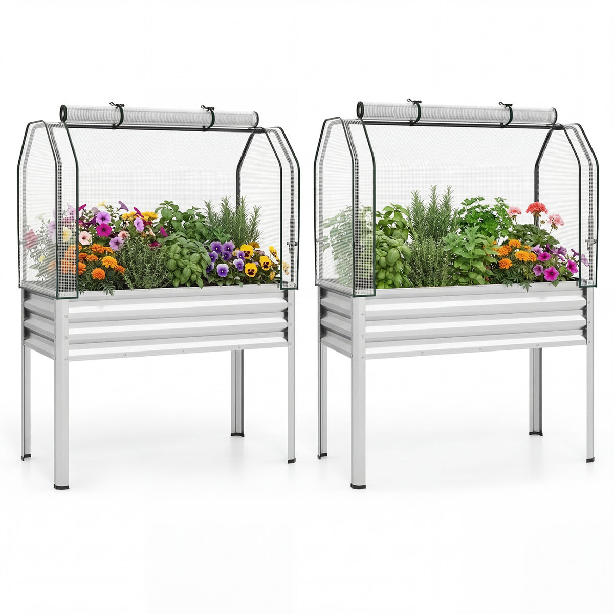 2 Pieces Galvanized Raised Garden Bed with Legs and Greenhouse Cover