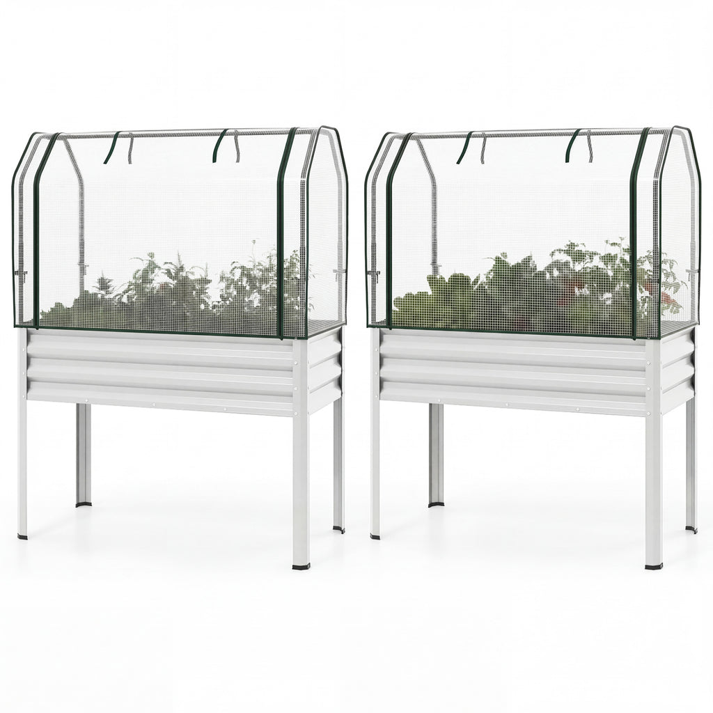 2 Pieces Galvanized Raised Garden Bed with Legs and Greenhouse Cover