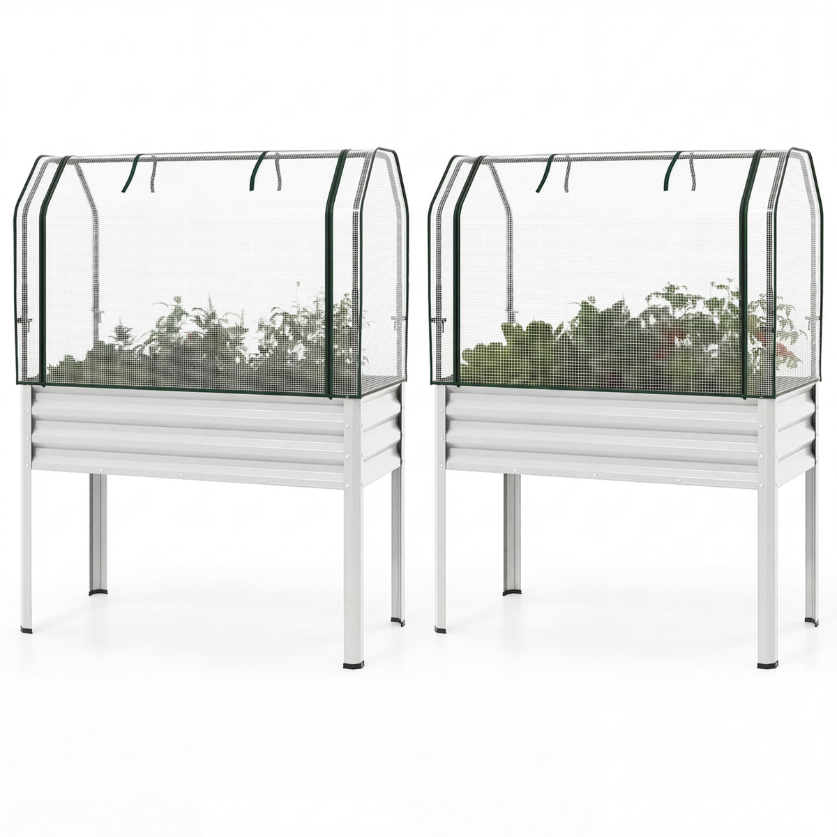 2 Pieces Galvanized Raised Garden Bed with Legs and Greenhouse Cover