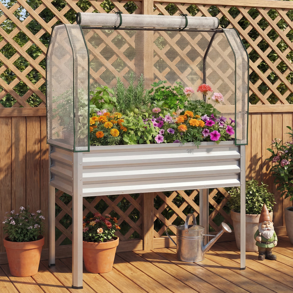 2 Pieces Galvanized Raised Garden Bed with Legs and Greenhouse Cover