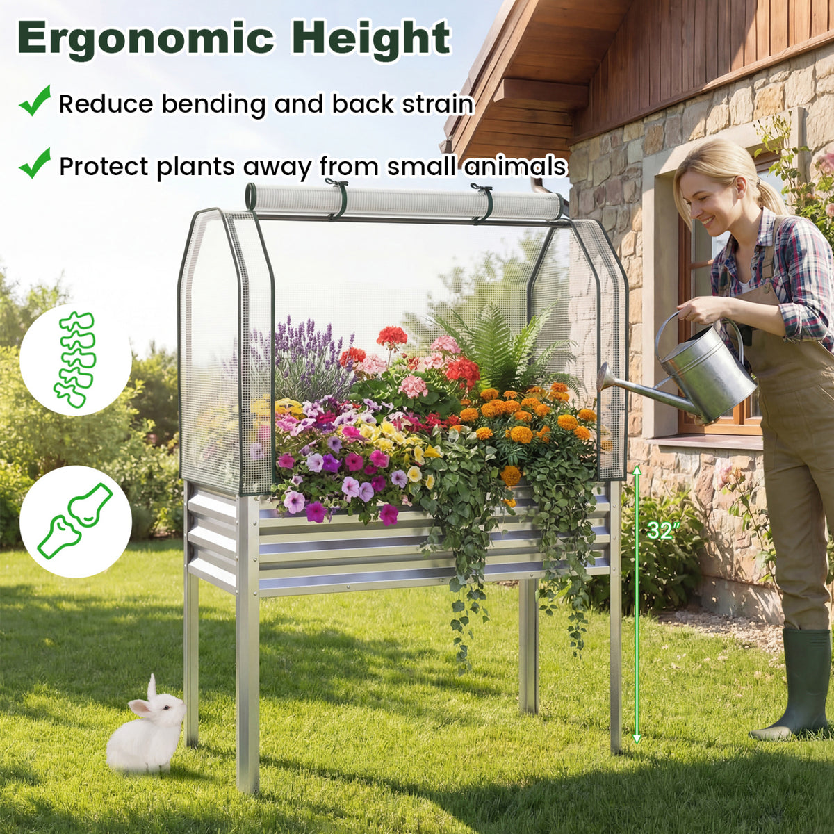 2 Pieces Galvanized Raised Garden Bed with Legs and Greenhouse Cover