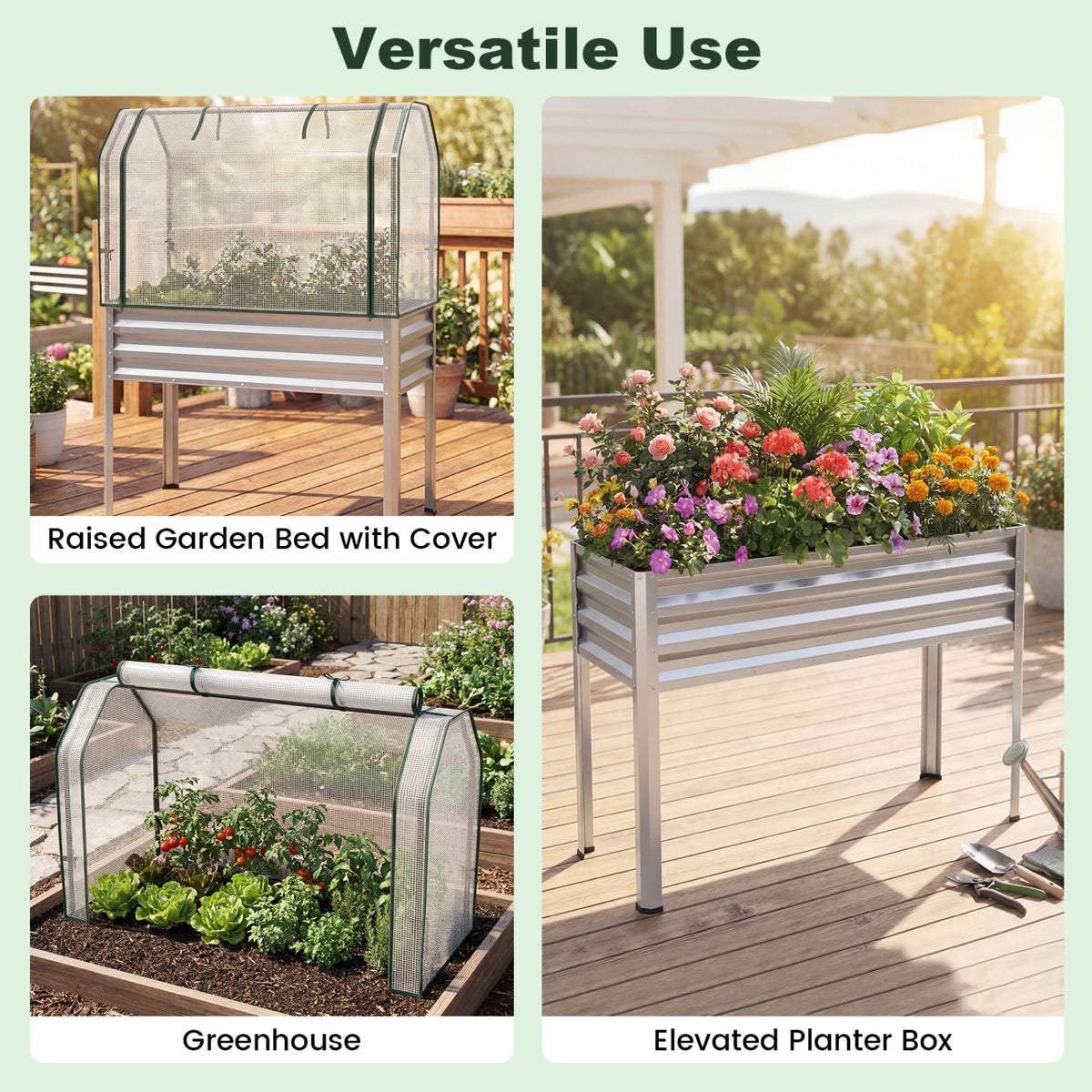 2 Pieces Galvanized Raised Garden Bed with Legs and Greenhouse Cover