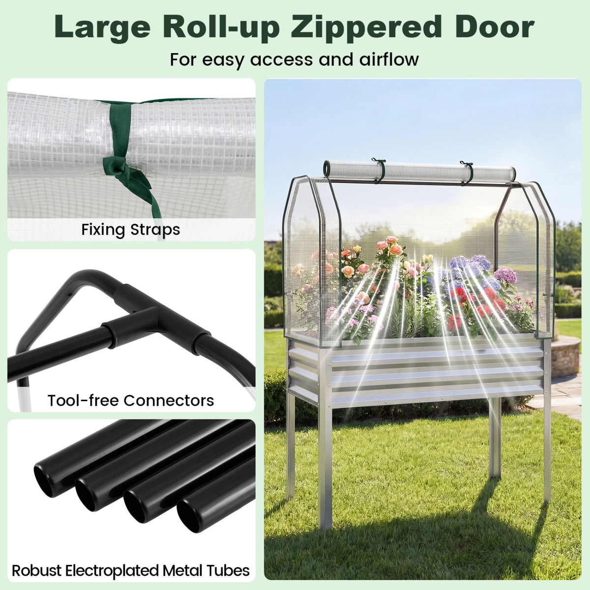 2 Pieces Galvanized Raised Garden Bed with Legs and Greenhouse Cover