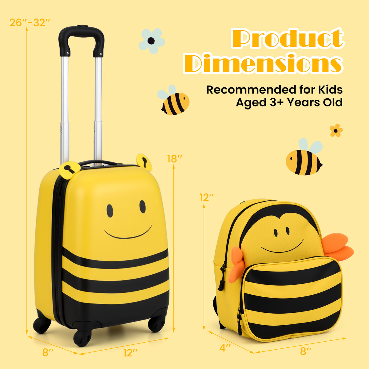 Kids Luggage Set on Wheels with Anti-Lose Rope & Retractable Handle - Yellow