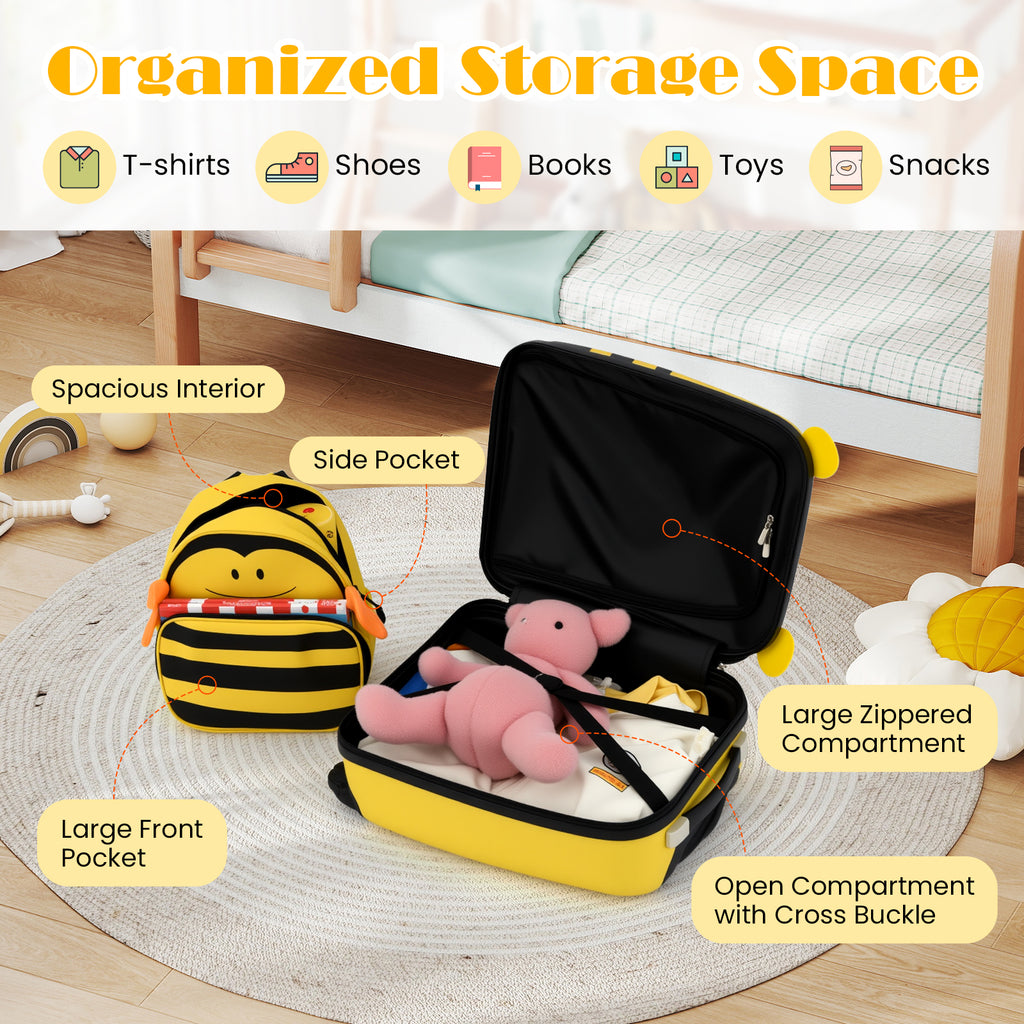 Kids Luggage Set on Wheels with Anti-Lose Rope & Retractable Handle - Yellow