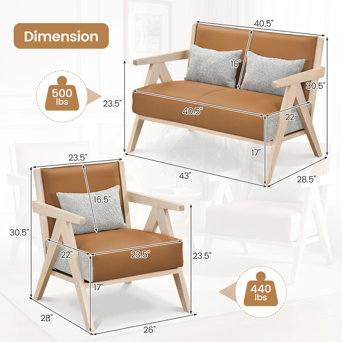 2 Pieces Living Room Furniture Set - Brown