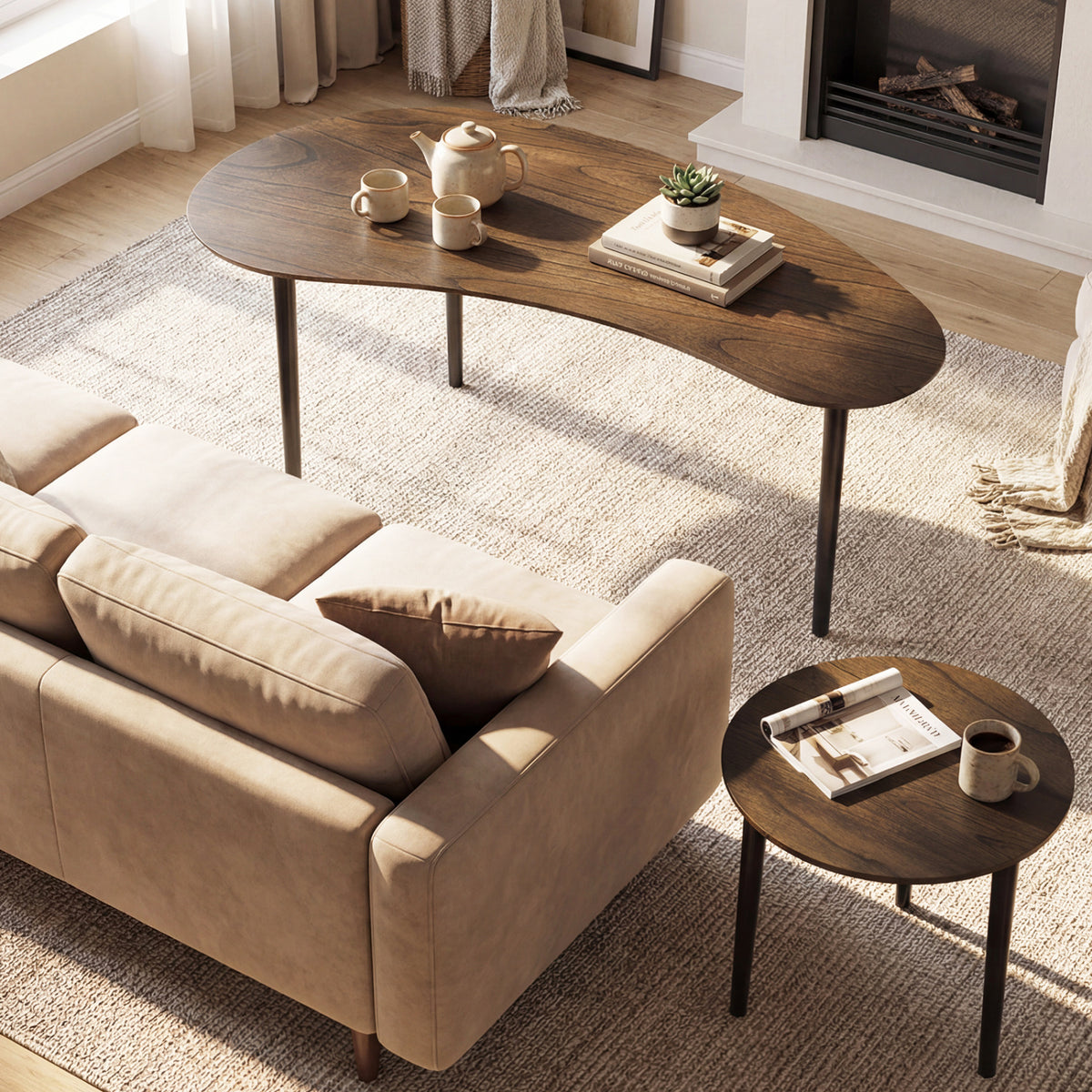 2-Piece Nesting Tables Mid Century Style, Walnut