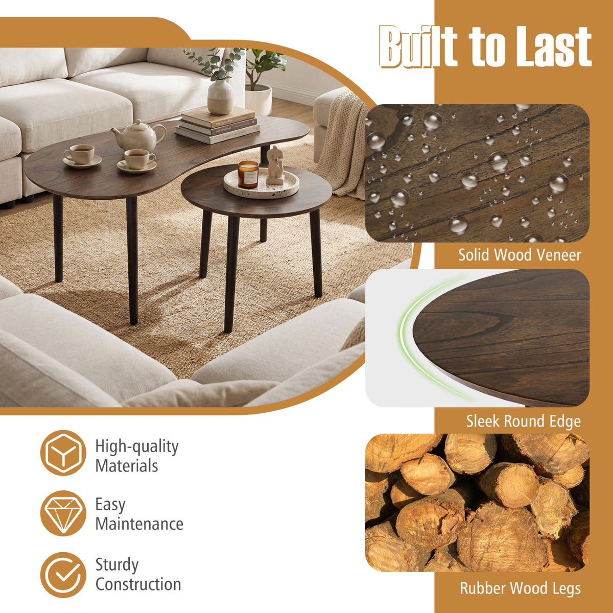 2-Piece Nesting Tables Mid Century Style, Walnut