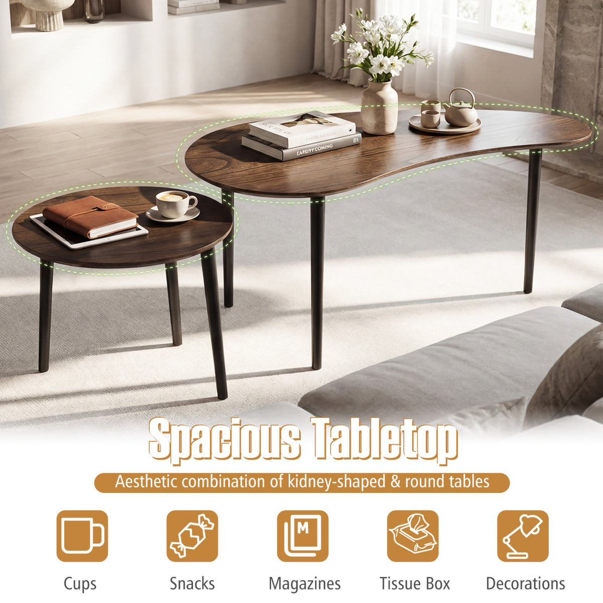 2-Piece Nesting Tables Mid Century Style, Walnut