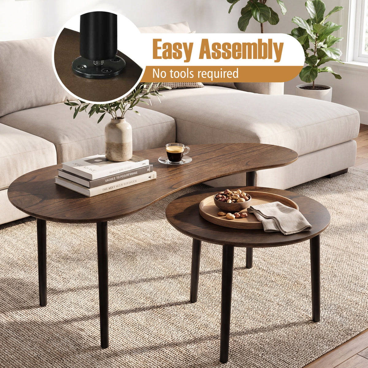 2-Piece Nesting Tables Mid Century Style, Walnut