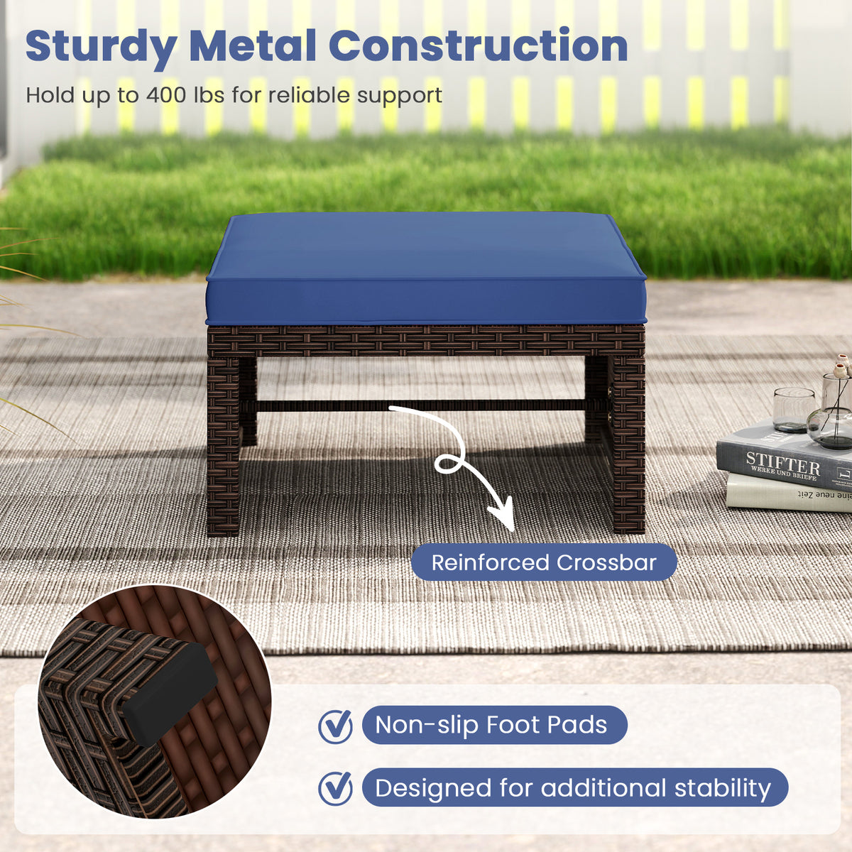 Multipurpose Outdoor 2 Pieces Patio PE Rattan Ottomans Footstool