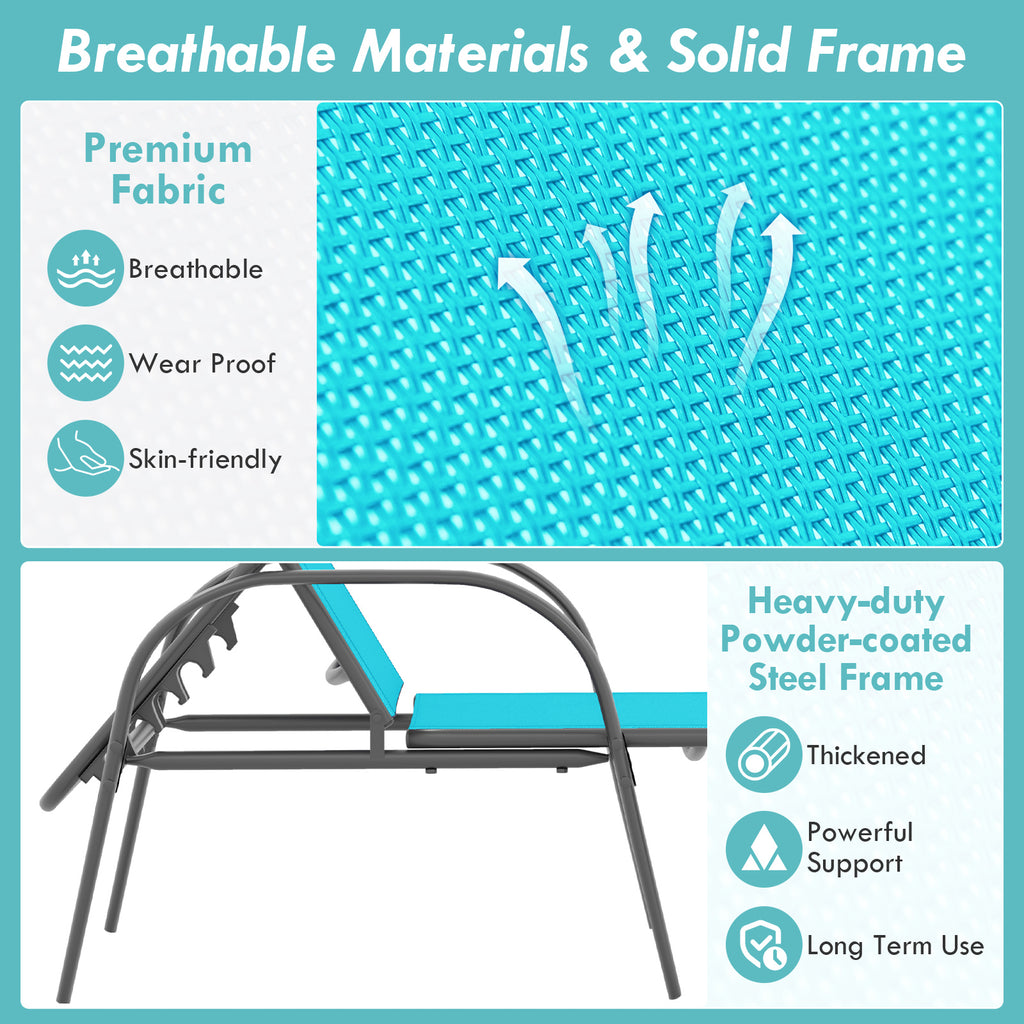 Outdoor Patio Lounge Chair Chaise with Adjustable Reclining - Turquoise, 2 Pieces