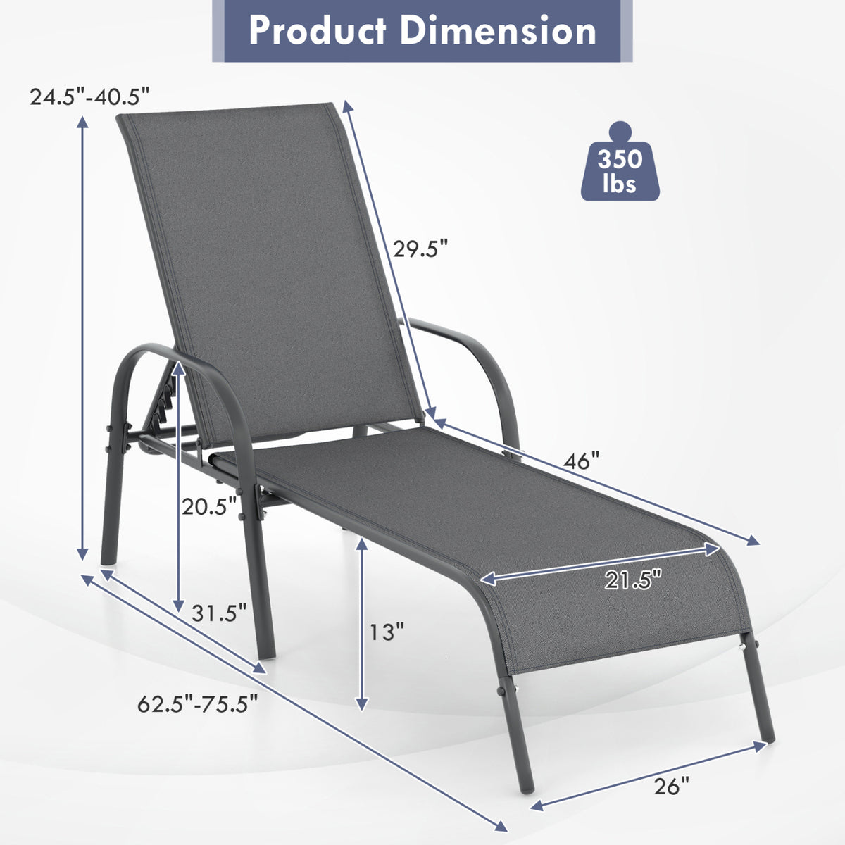 Outdoor Patio Lounge Chair Chaise with Adjustable Reclining - Dark Gray