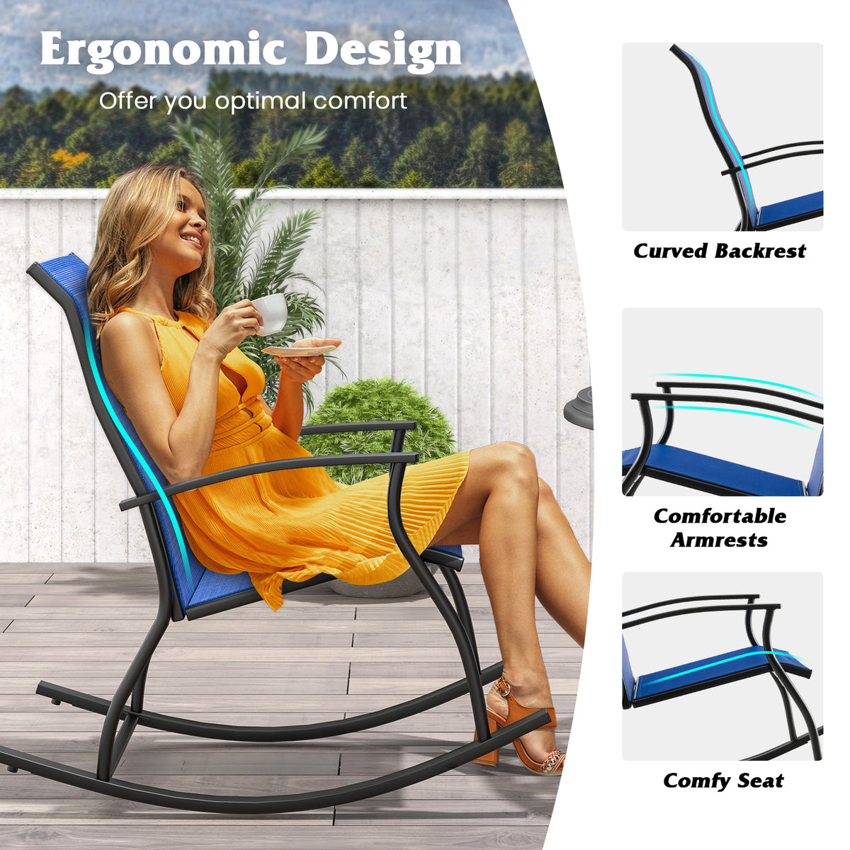 Outdoor Rocking Chairs with Breathable Backrest - Navy (Set of 2)